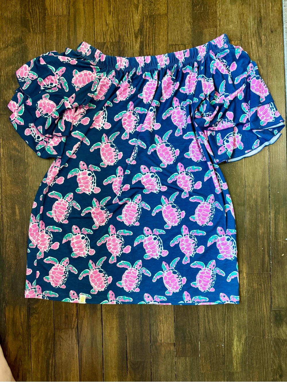 Simply Southern Navy Off-Shoulder Top with Pink Turtle Print